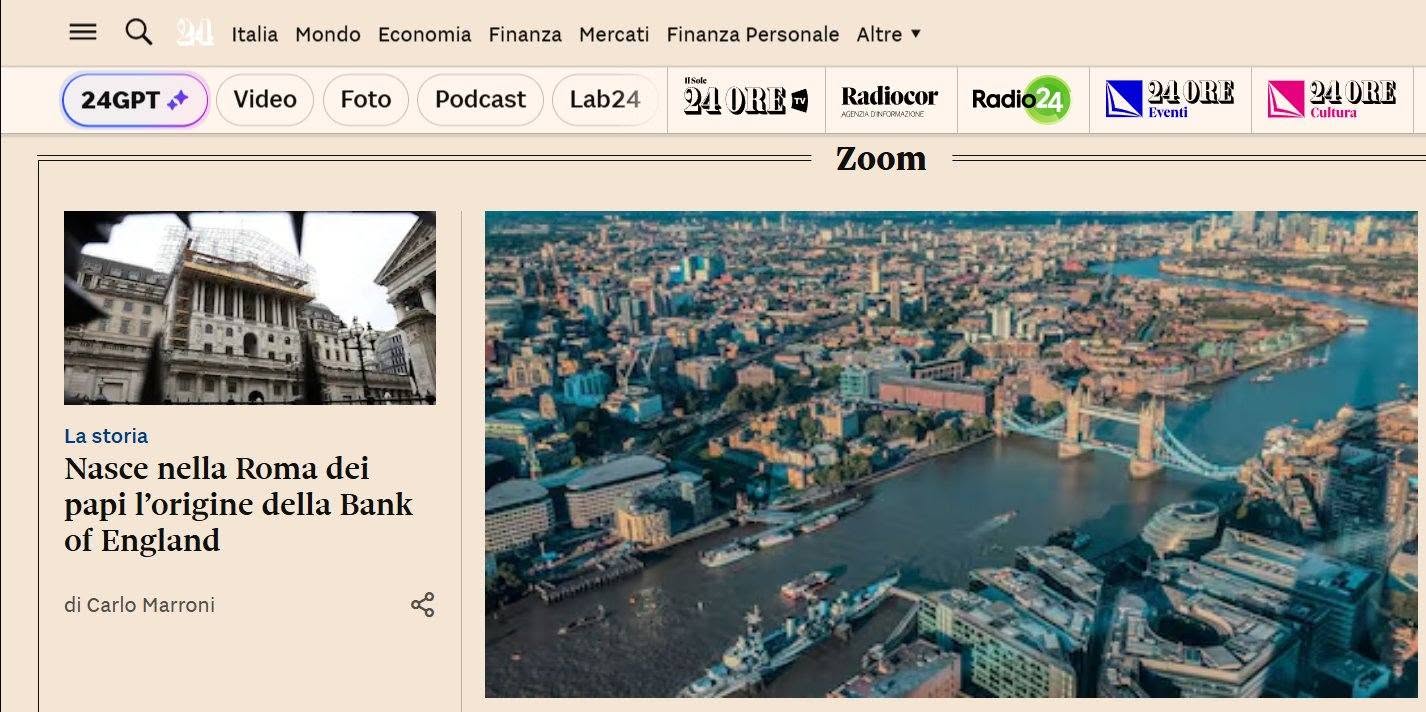 Sole24 ore su ultime ricerche per Unicum Opus: “Nasce nella Roma dei papi l’origine della Bank of England”